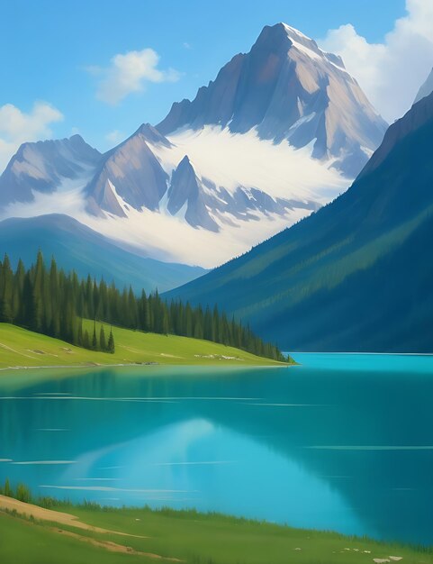 AI が生成した、山を背景にした山の湖の絵の無料写真