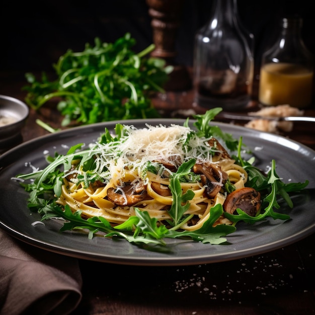 Free photo pasta with chicken and mushrooms