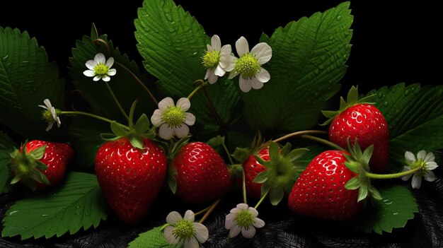 Free photo of a pile of red strawberries on a black reflecting surface