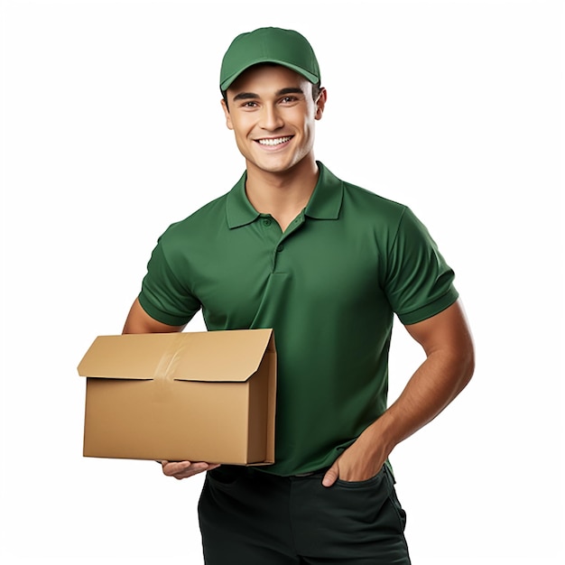 Photo free photo of polo shirt smiling delivery man holding parcel box on hand white background