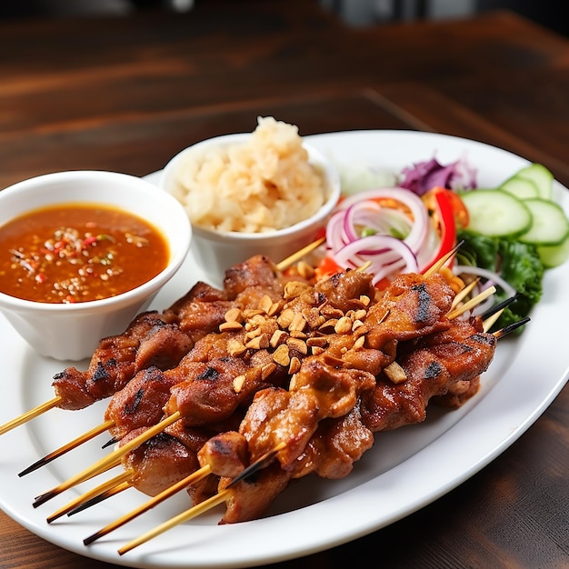 Free photo pork satay with peanut sauce or sweet