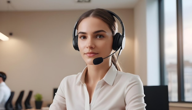 Foto ritratto gratuito di una giovane donna d'affari con le cuffie per il call center