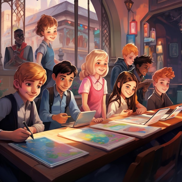 Premium AI Image  Anime classroom scene with children sitting at desks in  soft lighting and realistic 3D style