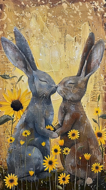 free photo of rabbits in love in a field of sunflowers