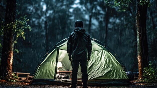 森の夜のテントに雨が降るの無料の写真