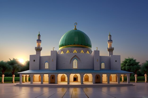 Free Photo Ramadan Kareem Eid Mubarak Mosque in Evening with Sun Light Background