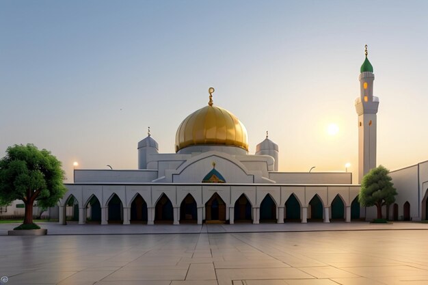 Free Photo Ramadan Kareem Eid Mubarak Mosque in Evening with Sun Light Background