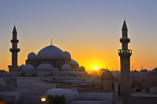 Free Photo Ramadan Kareem Eid Mubarak Mosque in Evening with Sun Light Background