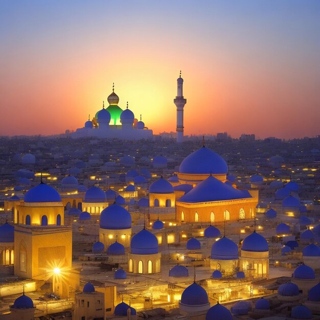 Free Photo Ramadan Kareem Eid Mubarak Mosque in Evening with Sun Light Background