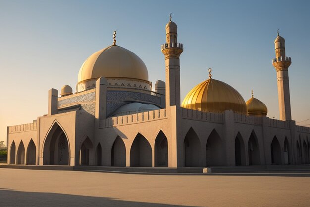 Free Photo Ramadan Kareem Eid Mubarak Mosque in Evening with Sun Light Background