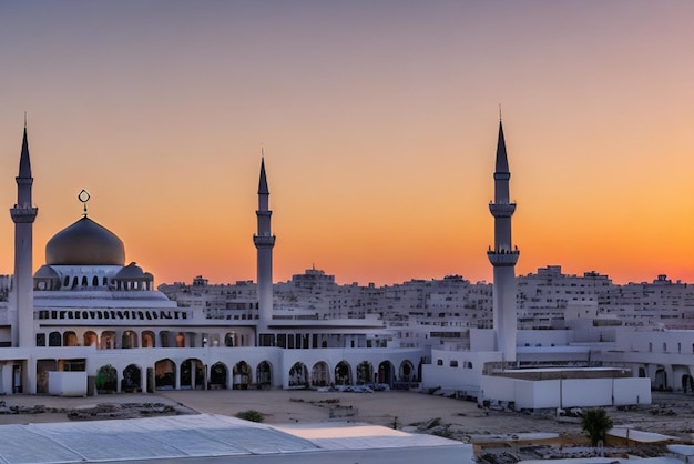 無料写真 ラマダン・カリーム・イード・ムバラク・モスク 夕方に太陽の光を背景に