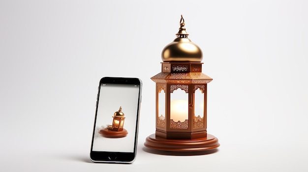 Free photo ramadan phone 14 with lantern in white background