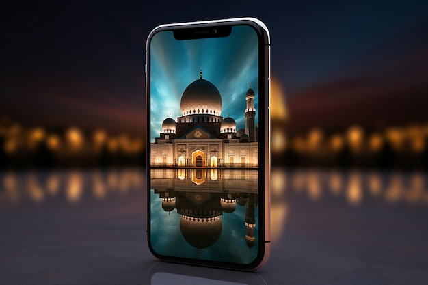 Free photo ramadan phone 14 with mosque front side