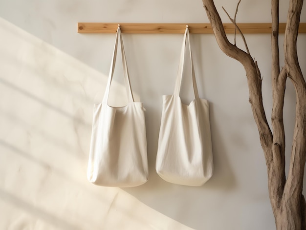 Free photo reusable eco friendly tote bag Photo cotton recycling bag hanging With Generative AI te