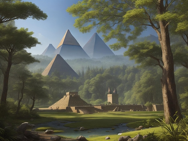 Free photo a shot of a pyramid and a castle in a forest