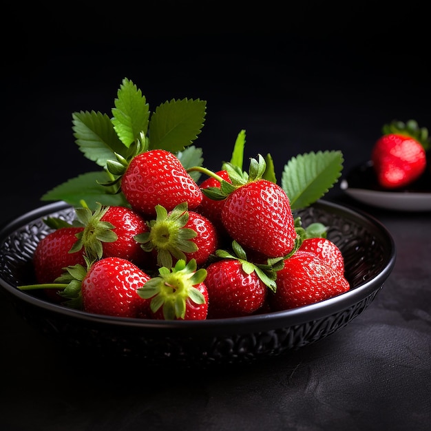 Free photo side view fresh strawberry on a plate with basil on black wooden background