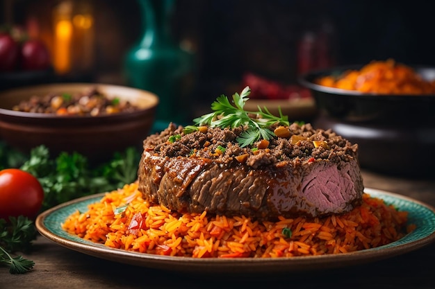 Free photo side view pilaf with stewed beef meat on a plate