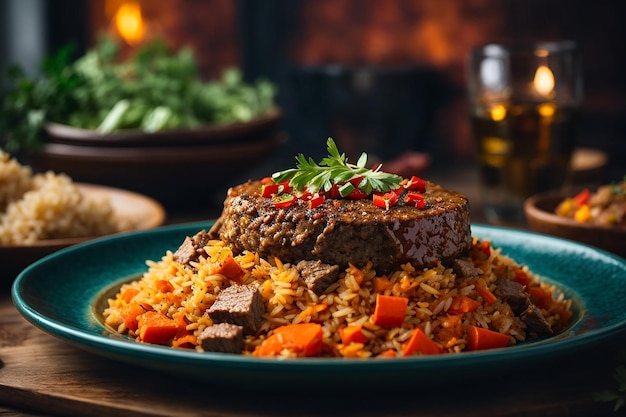 Free photo side view pilaf with stewed beef meat on a plate