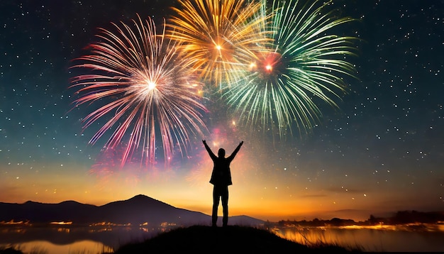 Free photo silhouette standing in vibrant nature fireworks illuminate night generated by ai