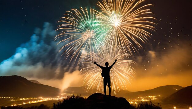 Free photo silhouette standing in vibrant nature fireworks illuminate night generated by ai