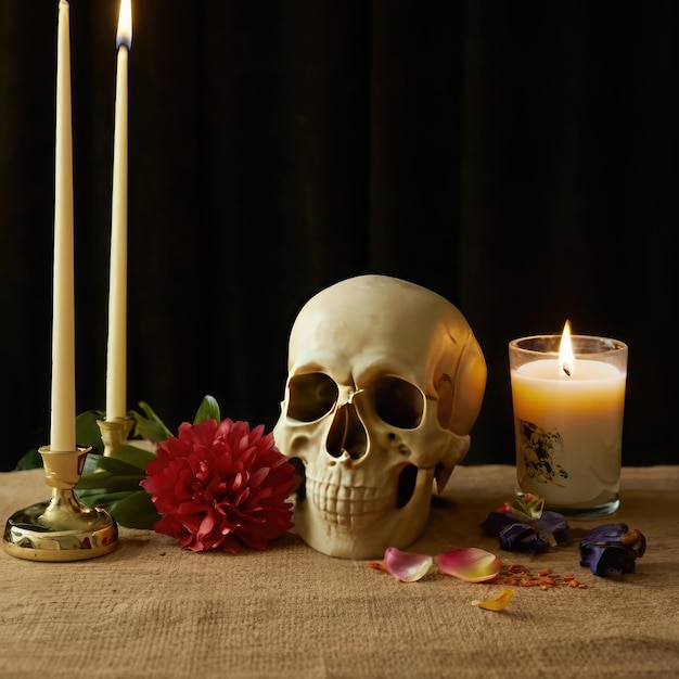 Free photo A skull with a flower on it and a candle on the table