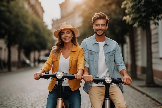 Free photo smiley couple posing together outdoors on electric scooters Mini mobility