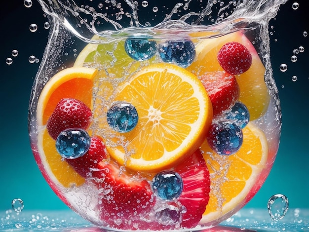 Бесплатная фотография сверкающих фруктов, гиперреальных пузырьков и ярких кусочков, сгенерированных UHD.
