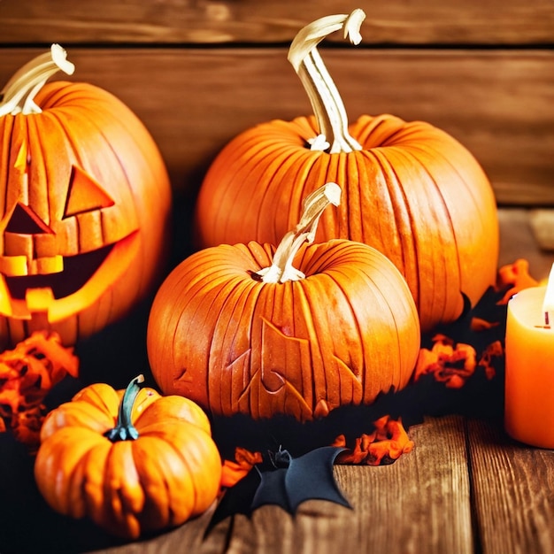 Free photo spooky composition of pumpkin and candles