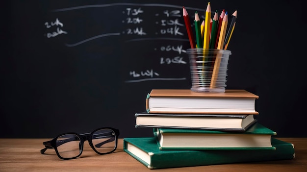 Free photo stack of books with pencil holder and glasses against a chalkboard