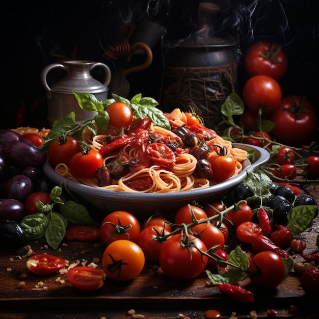 Free photo tagliatelle pasta with tomatoes and chicken