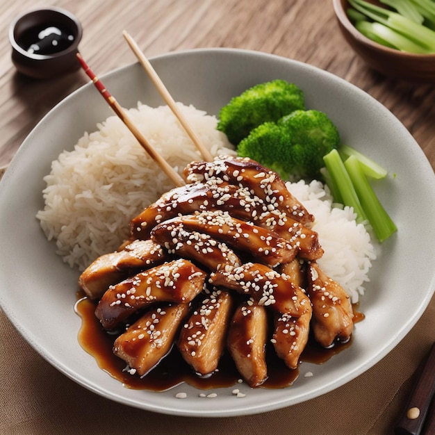 Free photo teriyaki chicken on dark surface