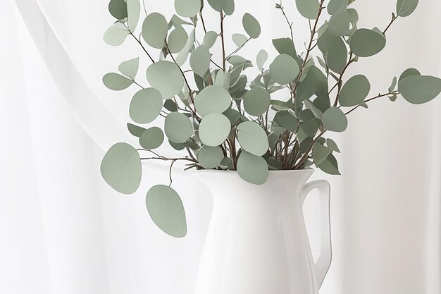 Free photo thin branches of green plants with flowers in vase