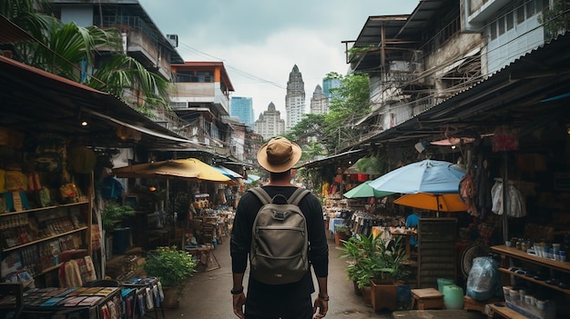 Free photo traveler asian man traveling and walkin