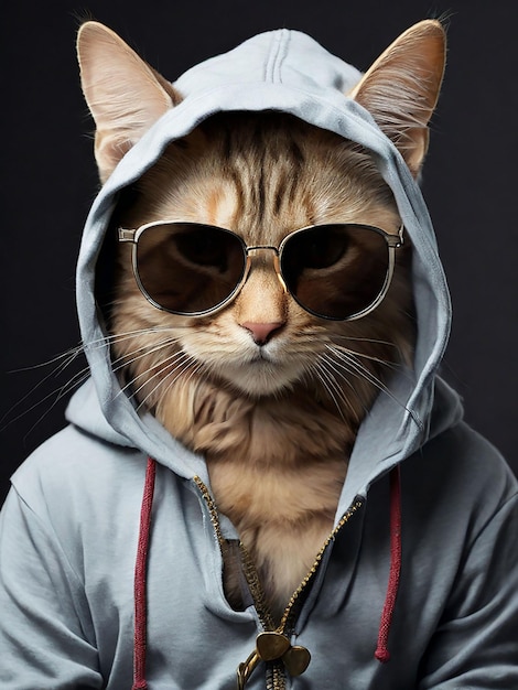 Free photo the trend with cute cat in a hoodie and shades on t shirt