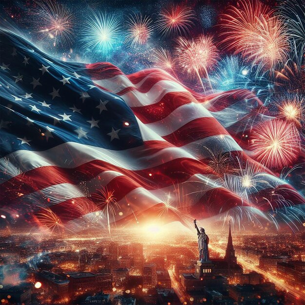 Foto fotografia gratuita della bandiera degli stati uniti con collage di fuochi d'artificio