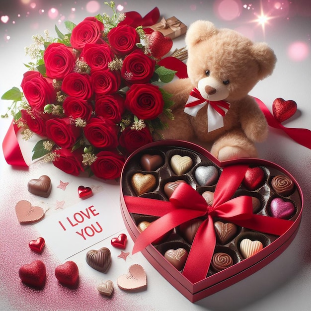 無料のバレンタインデー 座っているカップル 花とチョコレートの背景