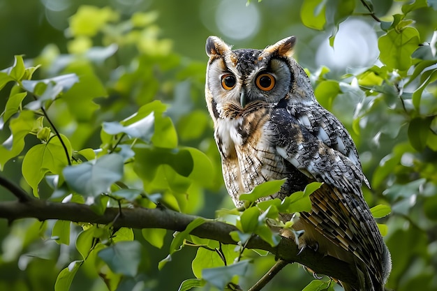 Free photo vertical closeup of a great horned owl standing on a tree branch in the sun