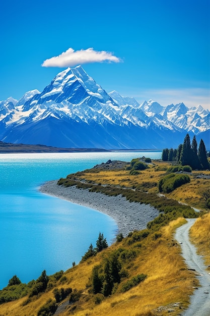 Free photo vertical shot of the lake pukaki and mount