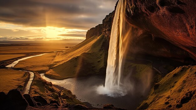 Free photo waterfall flowing and midnight sunset shining in summer