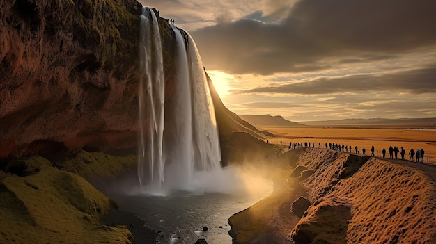 Free photo waterfall flowing and midnight sunset shining in summer