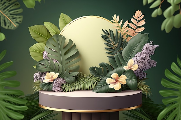 緑の熱帯ヤシの葉と白い製品の表彰台の生成aiの無料写真