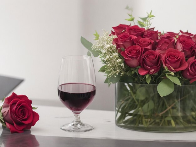 Free photo wine bouquet of roses and heath sign on grey table