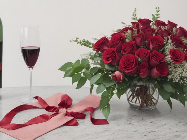 Free photo wine bouquet of roses and heath sign on grey table