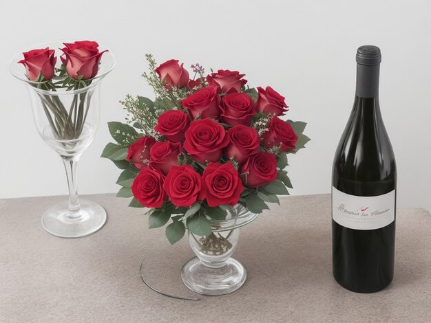 Free photo wine bouquet of roses and heath sign on grey table