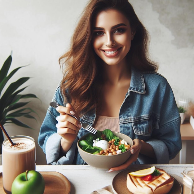 Foto foto gratuita donna che mangia cibo delizioso sfondio