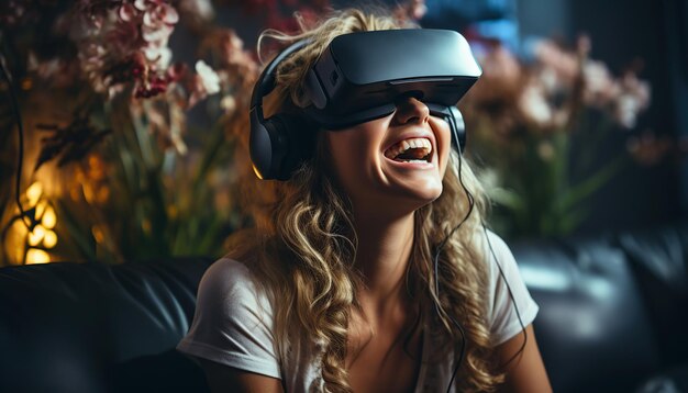 VR 헤드셋을 착용하고 거실에 앉아 웃고 있는 여성 무료 사진