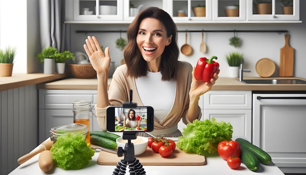 Photo free photo woman vlogging at home with smartphone and vegetables