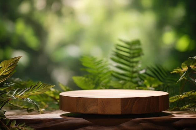 Free photo wooden product display podium with blurred nature leaves background generative ai