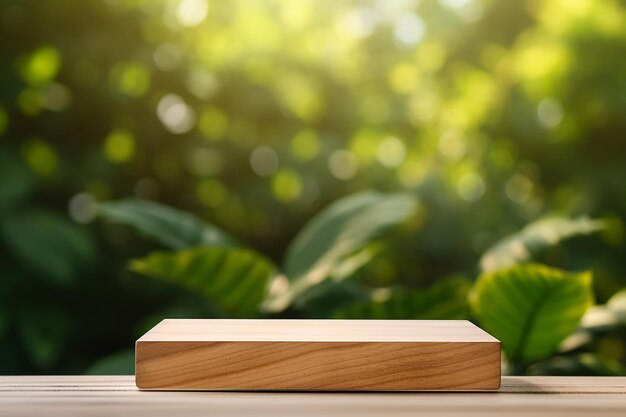 Free photo wooden product display podium with blurred nature leaves background generative ai