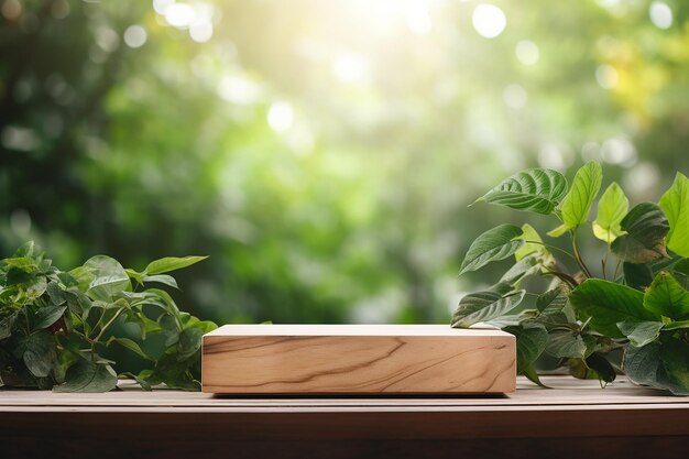 Free photo wooden product display podium with blurred nature leaves background generative ai